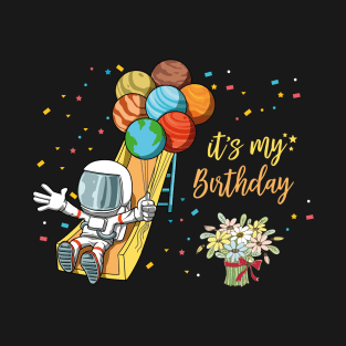 Birthday Astronaut Space Slide Planets Balloons T-Shirt