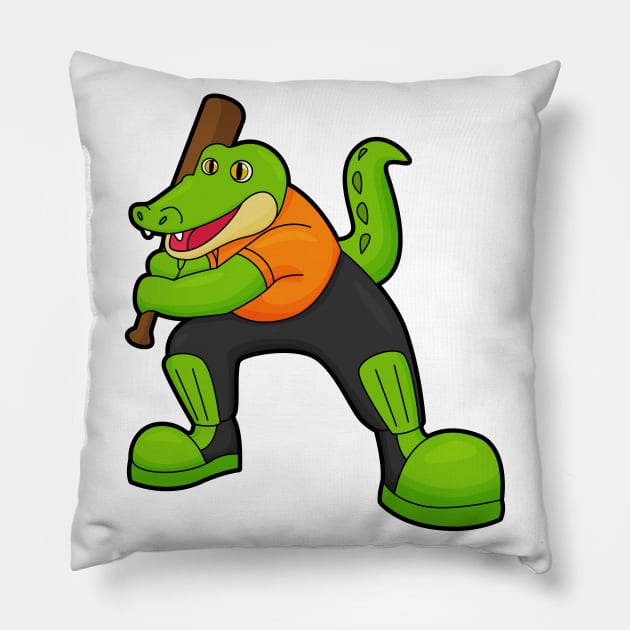 Crocodile at Cricket with Cricket bat Pillow by Markus Schnabel