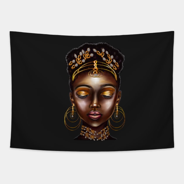 Queen Black empress beautiful black girl with Gold earrings, ornate headdress,  brown eyes looking  upwards and dark brown skin ! Tapestry by Artonmytee