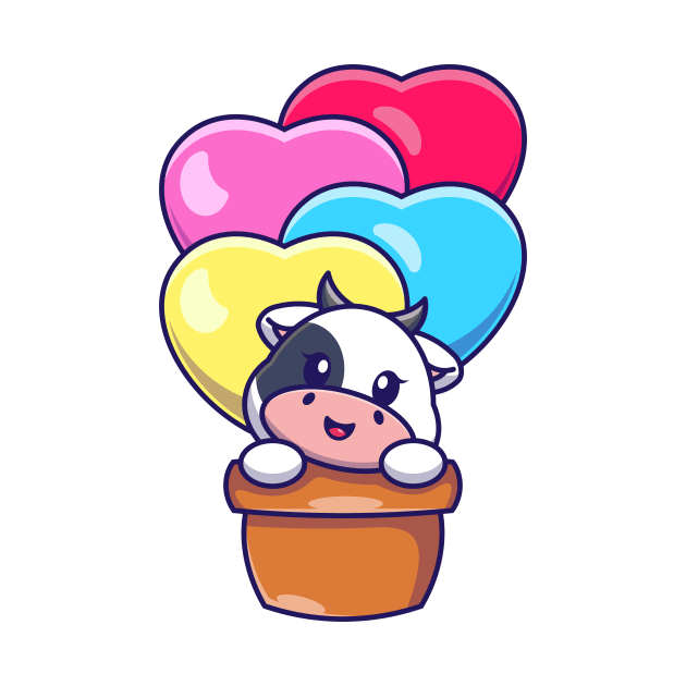 Cute cow flying with love balloon cartoon by Wawadzgnstuff