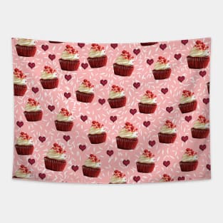 Red Velvet Cupcake Pattern with Hearts on Pink Background Tapestry