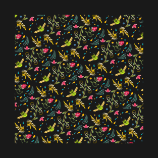 Dark Sugarbird and Green Beetle Pattern T-Shirt