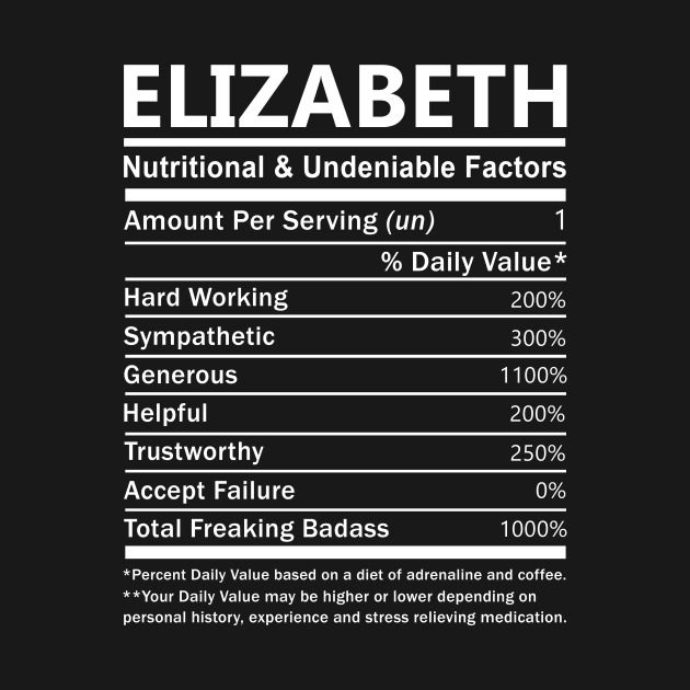 Elizabeth Name T Shirt - Elizabeth Nutritional and Undeniable Name Factors Gift Item Tee by nikitak4um