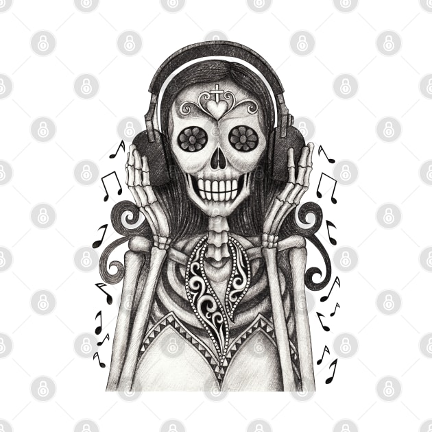 Sugar skull woman happy with headphones listen music day of the dead. by Jiewsurreal