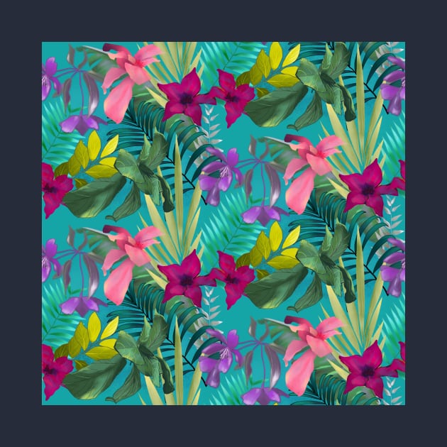 Elegant tropical flowers and leaves pattern purple illustration, blue tropical pattern over a by Zeinab taha