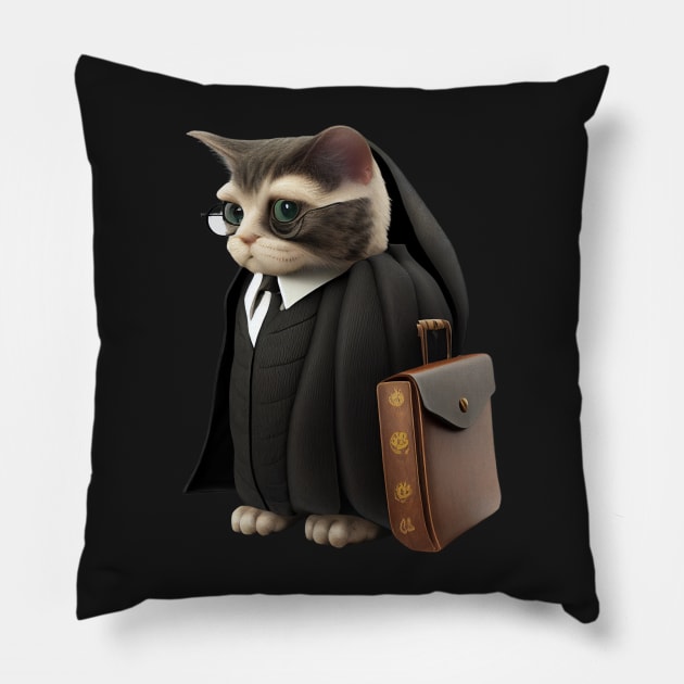 Suspicious Lawyer Cat in Advocate Gown Pillow by ZUCCACIYECIBO