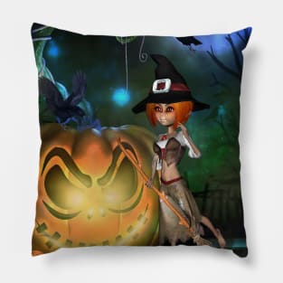 Cute little witch with pumpkin in the night Pillow