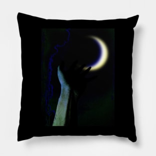 Digital collage and special processing. Hand pointing to the moon. Very beautiful. Blue and green. Pillow