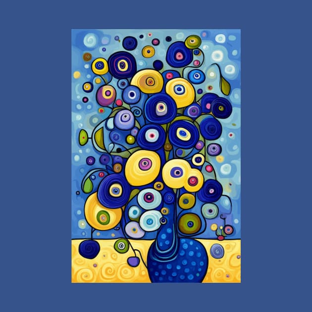 Blue and Gold Cute Abstract Flowers in a Blue Vase Still Life Painting by bragova