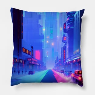 Ai Generated Art Scenery - Futuristic City Street With Neon Lighting Pillow