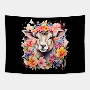 A sheep decorated with beautiful watercolor flowers Tapestry