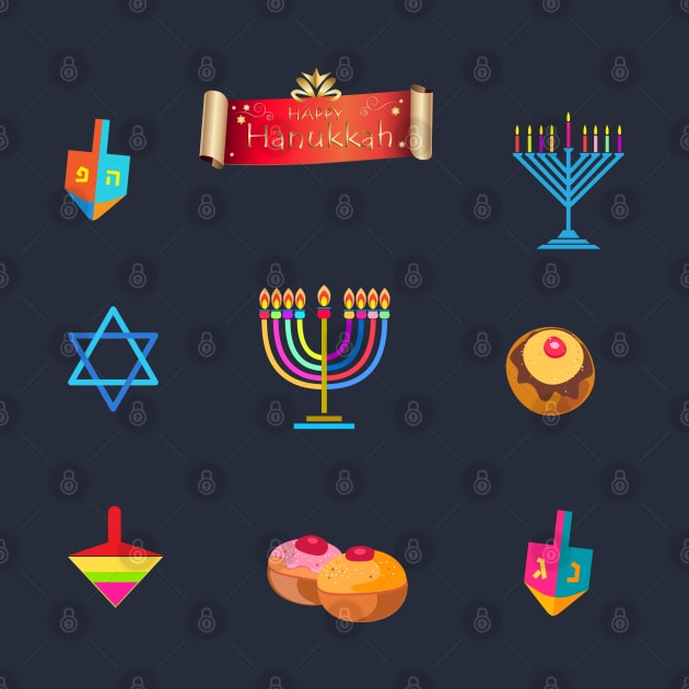 Jewish Holiday Hanukkah Menorah traditional Chanukah symbols - wooden dreidels (spinning top), Torah, donuts, menorah candles, oil jar, star David glowing lights pattern Kids Party by sofiartmedia
