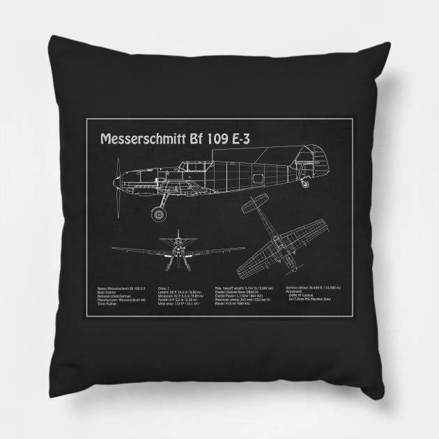 Messerschmitt Bf 109 E-3 - Airplane Blueprint - PD Pillow by SPJE Illustration Photography