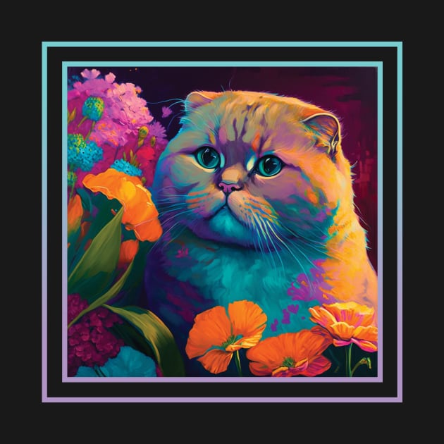 Humble Scottish Fold Cat Vibrant Tropical Flower Digital Oil Painting Portrait by ArtHouseFlunky