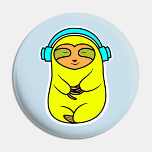 Happy Yellow Sloth With Headphones Pin