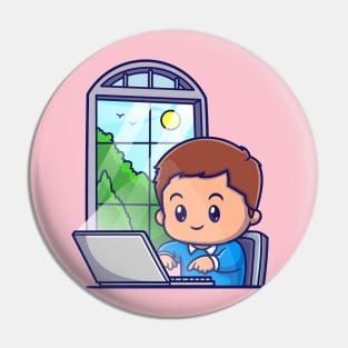 Cute Boy Working On Lapop Cartoon Pin