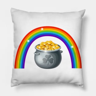 St Patricks Day Rainbow with Pot of Gold and Lucky Shamrock Design Pillow