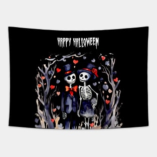 Happy Halloween: Halloween Skeletons in Love 2 on a Dark Background Tapestry