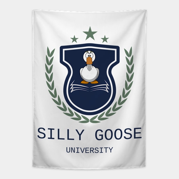 Silly Goose University - Angry Cartoon Goose Blue Emblem With Green Details Tapestry by Double E Design