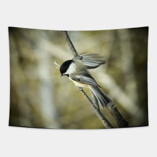 Vintage style photograph of a chickadee Tapestry