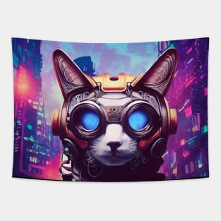 Techno Cat In Japan Neon City Tapestry