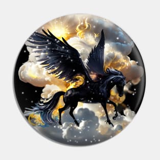 Mythical Pegasus black horse wings night clouds splash watercolor fantasy magical tale romance illustration Birthday idea Party Pin