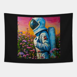 Astronaut admiring sunset in flower garden Tapestry