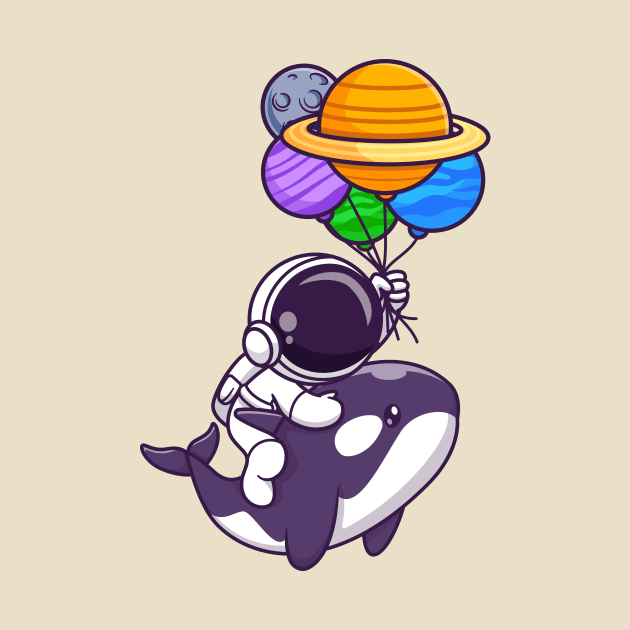 Cute Astronaut And Whale Floating With Planet Balloon In  Space Cartoon by Catalyst Labs