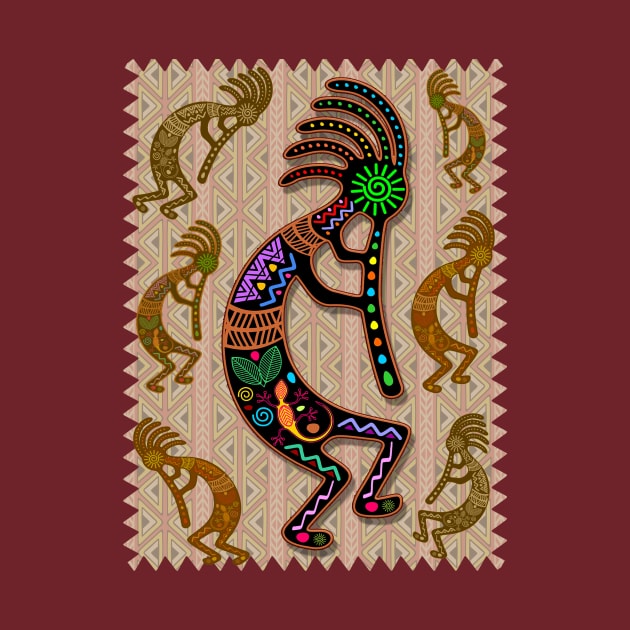 Kokopelli Rainbow Colors on Tribal Pattern 2 by BluedarkArt