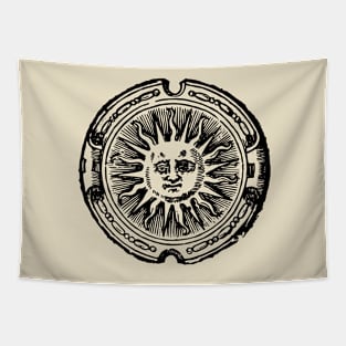 celestial grumpy sun with face line drawing vintage rays Tapestry