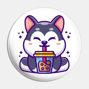 Cute husky drinking boba milk tea cartoon Pin