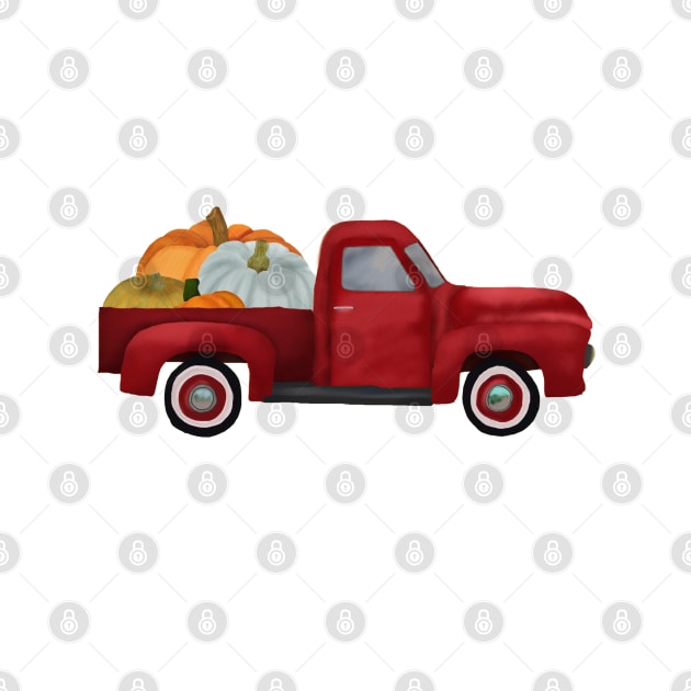 Red pick up truck & pumpkins by CharlieCreates