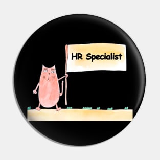 HR Specialist. Profession, work, job. Cat shows a banner with the inscription. Watercolor illustration. A gift for a professional. Pin