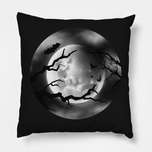 Spooky Full Moon with Bats and Branches Digital Illustration Pillow by AlmightyClaire