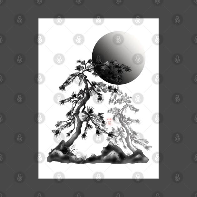 Two sumiE ink japanese pines and a full moon by cuisinecat