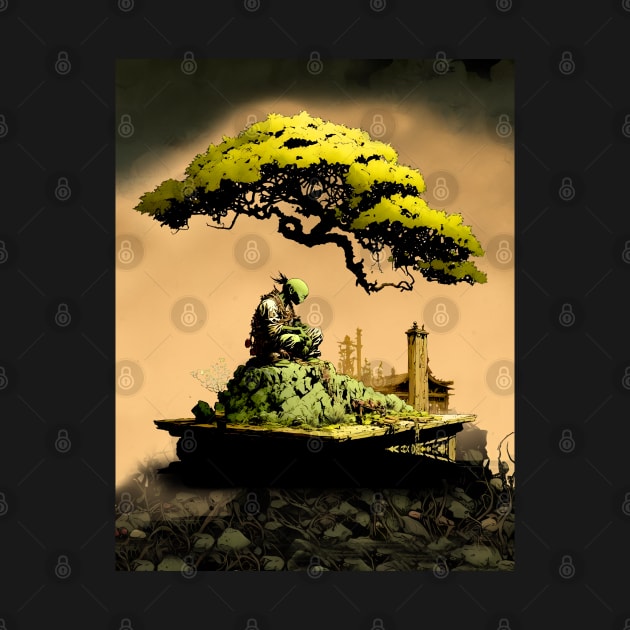 Contemplating the Complexities Under the Japanese Bonsai Tree No. 1 on a dark background by Puff Sumo