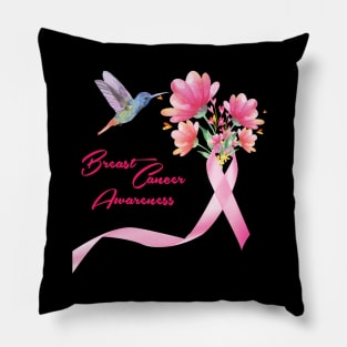 'Hummingbird With Flowers Pink Ribbon' Breast Cancer Gift Pillow