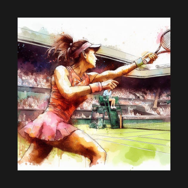 Artistic illustration of a woman playing tennis left handed by WelshDesigns