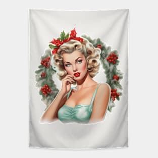 Vintage Christmas Wreath Blonde Pinup Tapestry