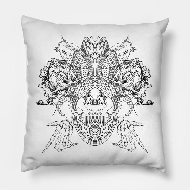 line art koi and floral ornament illustration Pillow by fandi.creations