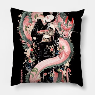 Japanese Girl With Dragon and Cats 2 T-Shirt 03 Pillow