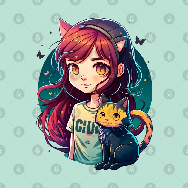 Girl & Cat Kawaii Anime Retro Cat Lover by Ai Wanderer