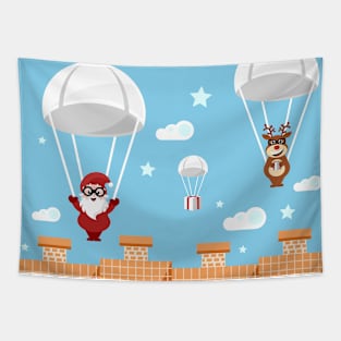 Santa Claus and red nosed reindeer as parachutists Tapestry