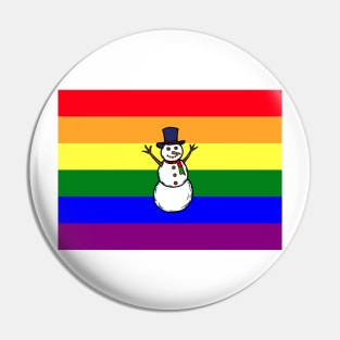 A hand drawn of a gay snowman on rainbow pride flag background, Pin