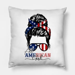 All American Girl 4th Of July Shirt Women Messy Bun USA Flag Pillow