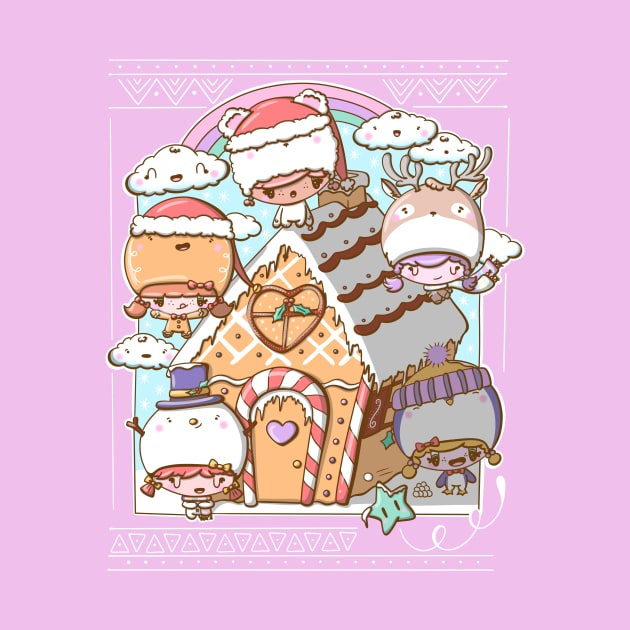 Festive gingerbread house with bubble head cuties by studiomogwai