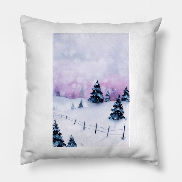 Winter landscape Christmas watercolor Pillow by GinaaArts