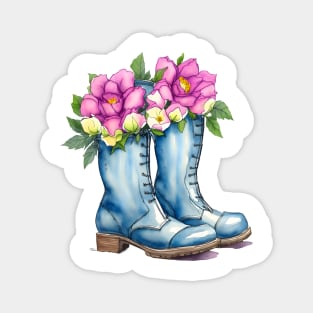 Cute Blue Boots Violet Purple Peony Bouquet Watercolor Flower Boots Drawing Magnet