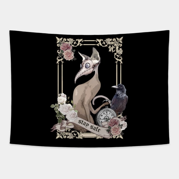 Cat Plague Doctor Say "stay safe" Tapestry by Collagedream