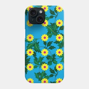 Yellow daisies with Cerise centres over layers of vine leaves on a Vibrant Blue background Phone Case